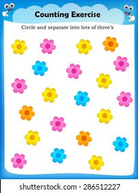 Kids worksheet with counting exercises | count and separate into lots of three s