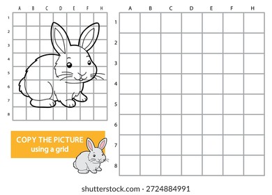 Planilha para crianças com um coelho bonito da páscoa. Copiar a imagem usando uma atividade de grade para filhos. Arte em linha preta e branca com grade vazia para prática de desenho, aprendizagem, educação e habilidades motoras finas.