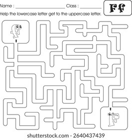 Kids worksheet for education : maze puzzle (alphabet F)
