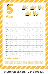 Hoja de trabajo para niños con excavadora. Aprende y traza el número cinco.  Página educativa para niños de preescolar