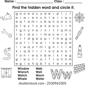 Kids worksheet : Find the hidden word (letter W)