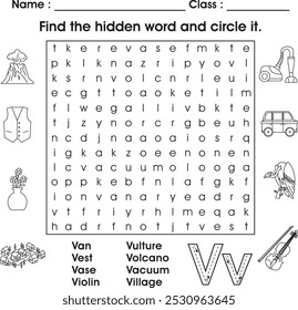 Kids worksheet : Find the hidden word (letter V)