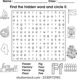 Kids worksheet : Find the hidden word (letter F)