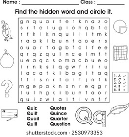 Kids worksheet : Find the hidden word (letter Q)