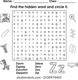 Kids worksheet : Find the hidden word (letter Z)