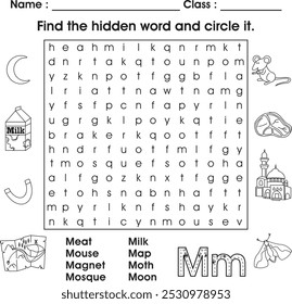 Kids worksheet : Find the hidden word (letter M)