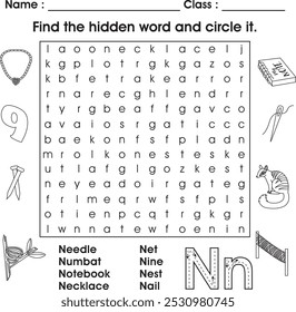 Kids worksheet : Find the hidden word (letter N)