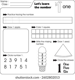 Kids worksheet : Learn number 1 (trace, draw and color)
