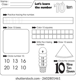 Kids worksheet : Learn number 10 (trace, draw and color)