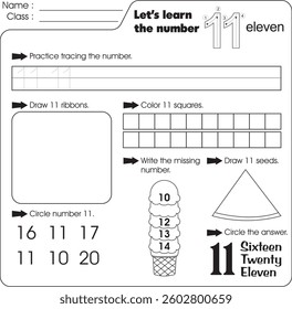 Kids worksheet : Learn number 11 (trace, draw and color)