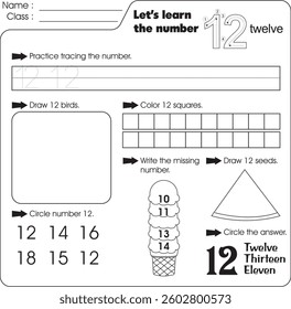Kids worksheet : Learn number 12 (trace, draw and color)