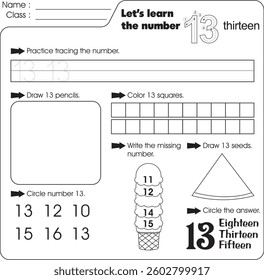 Kids worksheet : Learn number 13 (trace, draw and color)
