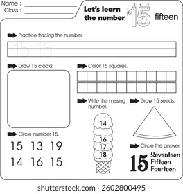 Kids worksheet : Learn number 15 (trace, draw and color)