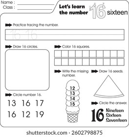 Kids worksheet : Learn number 16 (trace, draw and color)