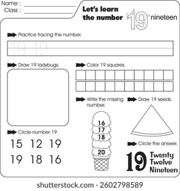 Kids worksheet : Learn number 19 (trace, draw and color)