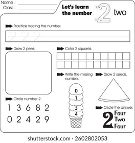 Kids worksheet : Learn number 2 (trace, draw and color)