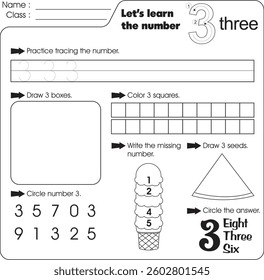 Kids worksheet : Learn number 3 (trace, draw and color)