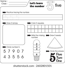 Kids worksheet : Learn number 5 (trace, draw and color)