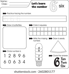 Kids worksheet : Learn number 6 (trace, draw and color)