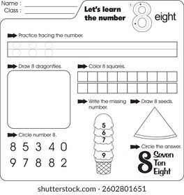 Kids worksheet : Learn number 8 (trace, draw and color)