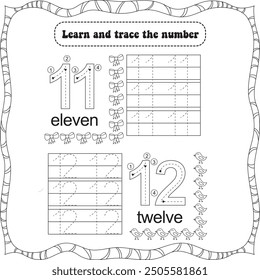kids worksheet : learn tracing number 11 and 12