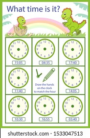 Kids worksheet for learning time clock. What time is it? Riddle the children clock with dinosaurus. Children education page. Help to understand the clock time. Vector illustration.