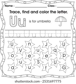 Arbeitsblatt "Kinder": Buchstabenerkennung. Buchstabenfolge, -suche und -farbe (Alphabet U)