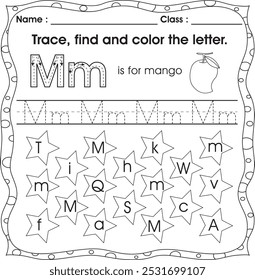 Planilha filho : Reconhecimento de carta. Rastrear, localizar e colorir letra (Alfabeto M)