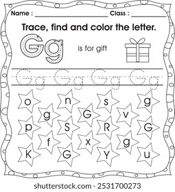 Kids worksheet : Letter recognition. Trace, find and color letter (Alphabet G)