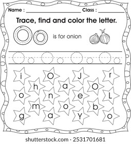 Kids worksheet : Letter recognition. Trace, find and color letter (Alphabet O)