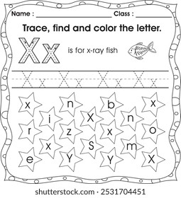 Planilha filho : Reconhecimento de carta. Rastrear, localizar e colorir letra (Alfabeto X)