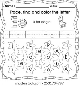 Kids worksheet : Letter recognition. Trace, find and color letter (Alphabet E)