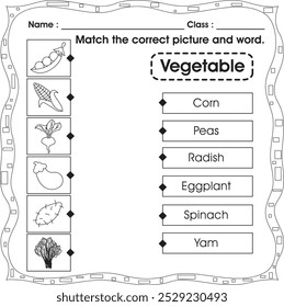 Kids worksheet : Match the correct picture and word. (Vegetable 3)