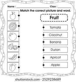 Kids worksheet : Match the correct picture and word. (fruit 2)
