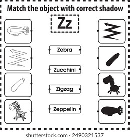 Kids worksheet : Match object with correct shadow (Letter Z)
