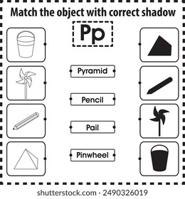 Kids worksheet : Match object with correct shadow (Letter P)