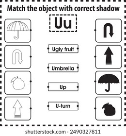 Kids worksheet : Match object with correct shadow (Letter U)