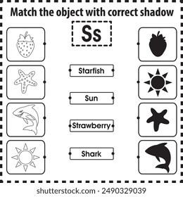 Arbeitsblatt für Kinder : Objekt mit korrektem Schatten abgleichen (Buchstabe S)