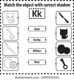 Kids worksheet : Match object with correct shadow (Letter K)