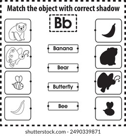 Kids worksheet : Match object with correct shadow (Letter B)