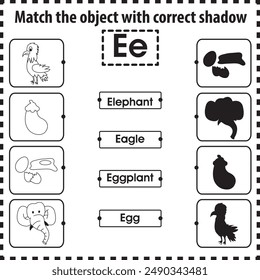 Kids worksheet : Match object with correct shadow (Letter E)