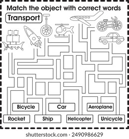 Kids worksheet : Matching object with correct word (transport)