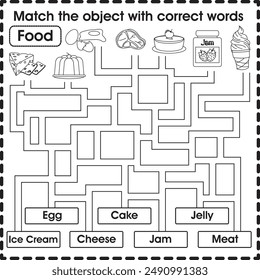 Kids worksheet : Matching object with correct word (food)