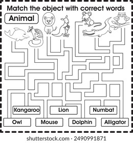 Kids worksheet : Matching object with correct word (animals 3)