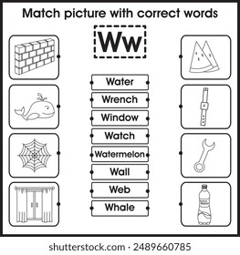 Kids worksheet : Matching picture with correct word (Letter W)