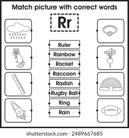 Kids worksheet : Matching picture with correct word (Letter R)