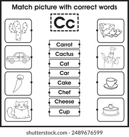 Kids worksheet : Matching picture with correct word (Letter C)