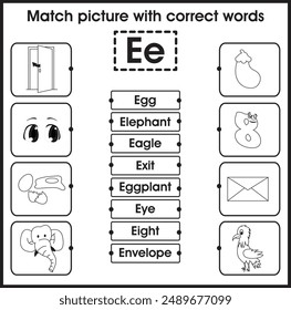 Kids worksheet : Matching picture with correct word (Letter E)