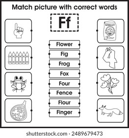 Kids worksheet : Matching picture with correct word (Letter F)