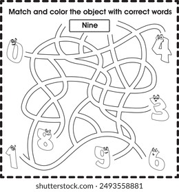 Kids worksheet (maze) : Matching and color the object with correct word (number)